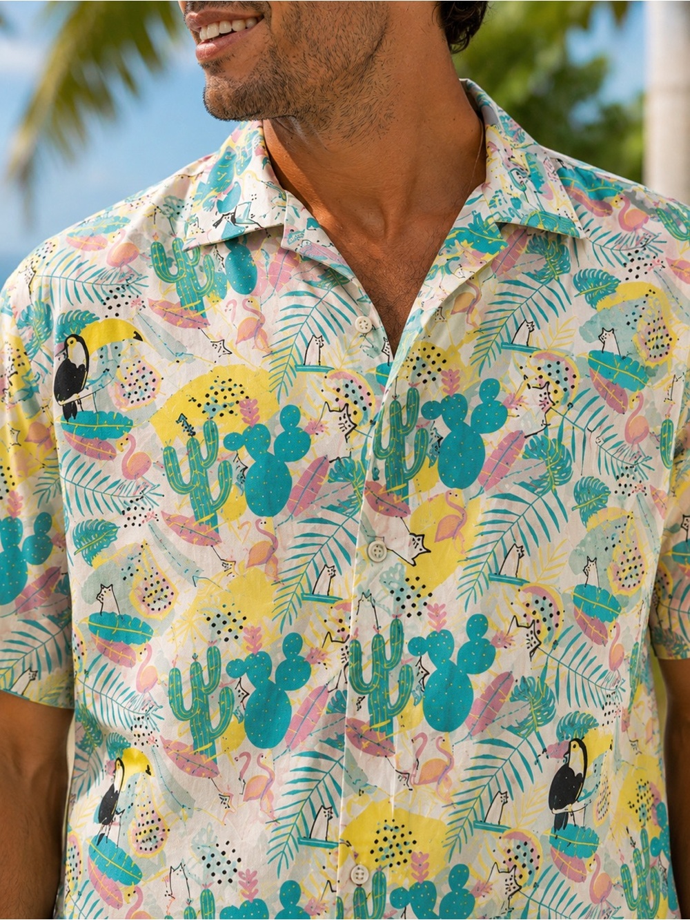 Novelty HAWAIIAN SHIRT Aloha Cat Cactus Flamingo Toucan Summer Holiday Adult XL